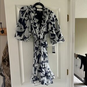 Taylor Blue and White dress with Puff Sleeves